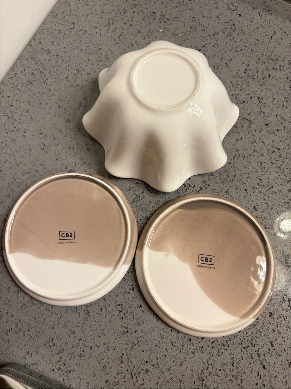 (2) CB2 two-toned glazed finish mini snack plates. With a scallop bowl.